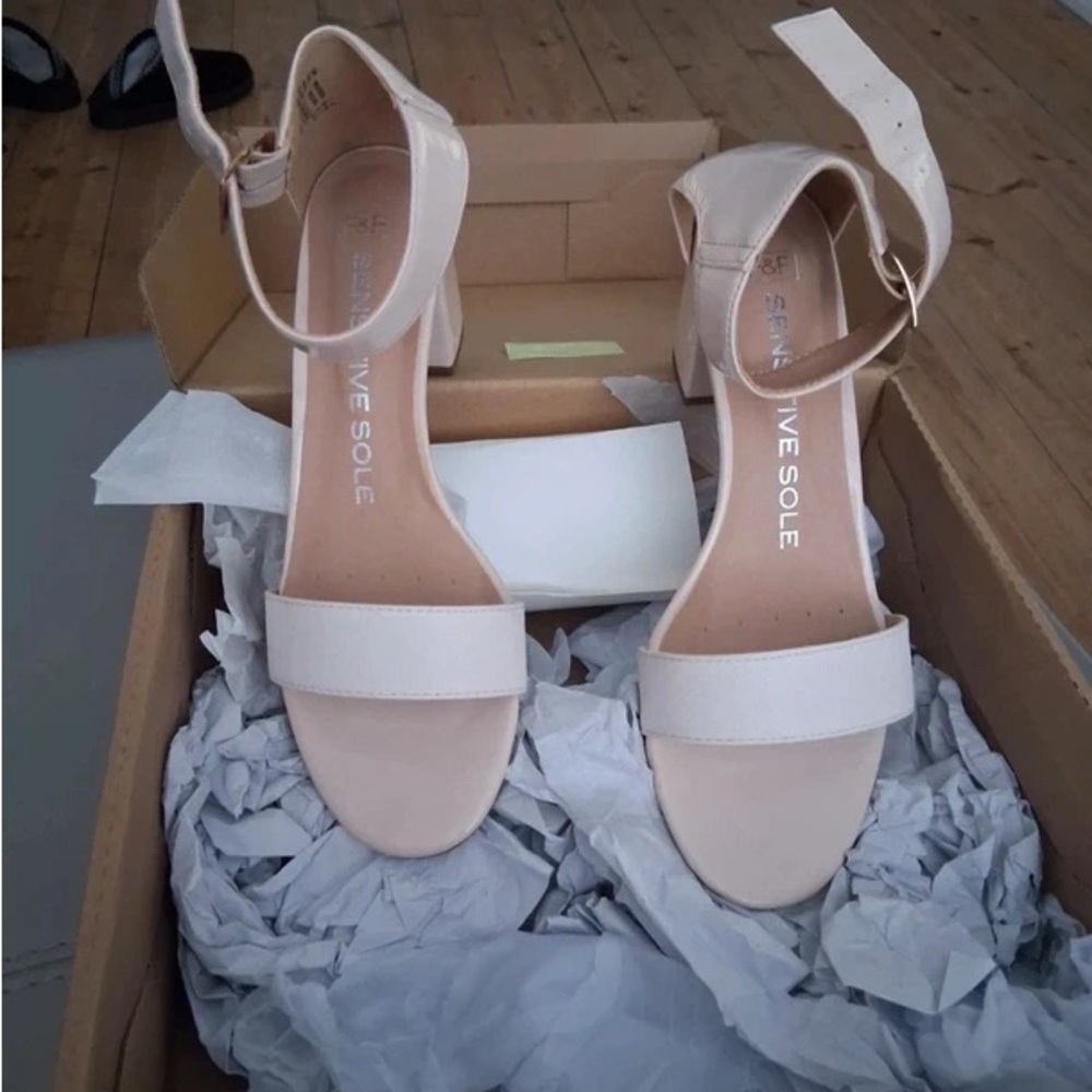 F&F Cream Ankle-Strap Block Heel Sandals